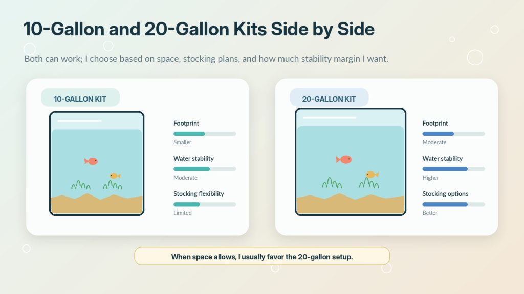 10-gallon versus 20-gallon aquarium kits in terms of area, water stability, fish species variety, cost, and ease of use