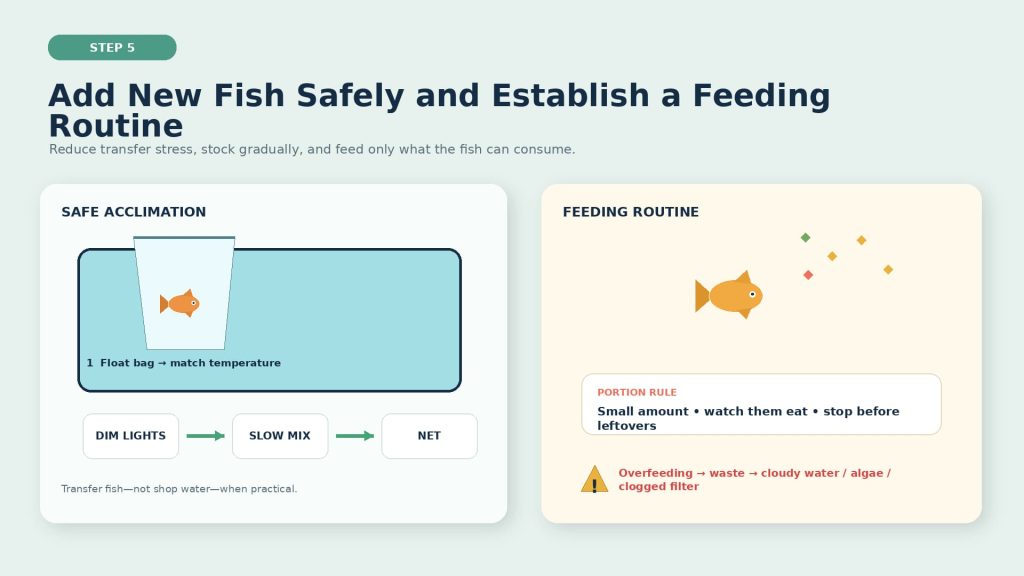 Image illustrating the process of acclimating fish and feeding them by portion control