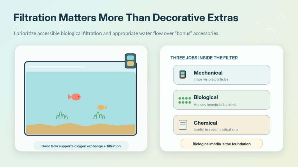Image of aquarium filtration depicting the use of mechanical and biological filters in an aquarium for beginners