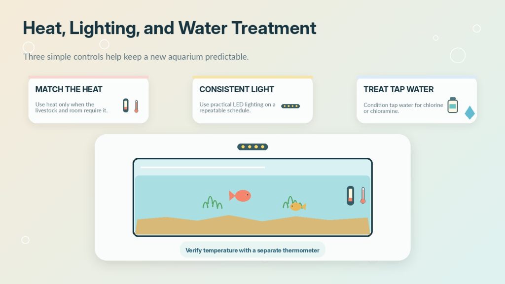 Beginner aquarium with the heater and the thermometer, LED lights, top cover, and the water treatments