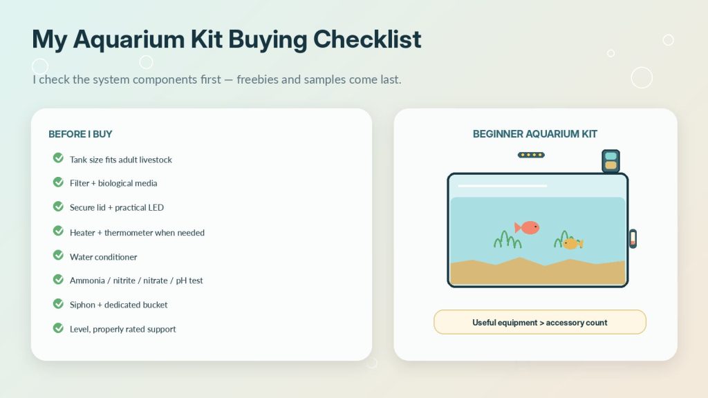 Checklist for purchasing aquarium kit including tank volume, filter, cover, light, heater, thermometer, water testing kit, conditioner, support, and cleaning equipment