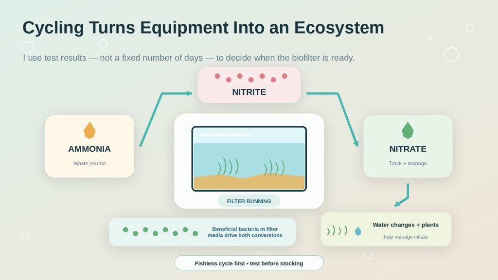 Image on the aquarium nitrogen cycle where ammonia transforms into nitrite and nitrate and then how nitrate is regulated through water changes and plants.