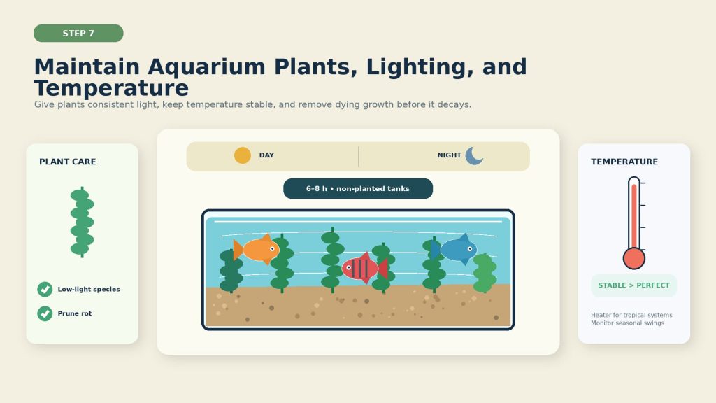 Image on maintaining a planted aquarium with healthy plants, an aquarium light timer, day/night cycle data, a thermometer, and a stable water temperature