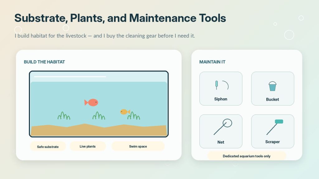 Image of gravel and live plants, gravel vacuum, bucket, algae remover, and other supplies needed for setting up a fish tank