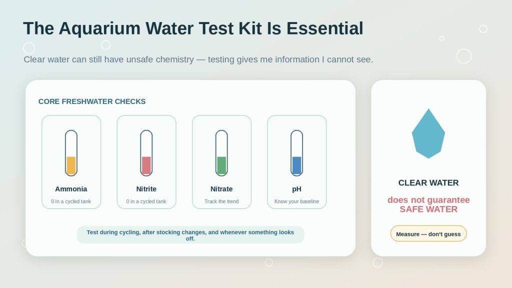 Image on testing water for ammonia, nitrite, nitrate, and pH of a new freshwater fish tank