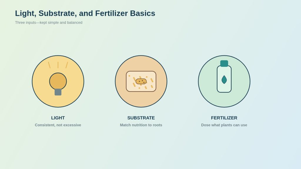 Infographic on a beginner's guide for aquarium plants that will talk about the importance of proper lighting, suitable substrate, and the use of fertilizer.