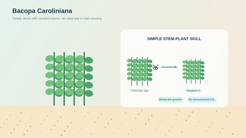 Bacopa caroliniana aquarium stems are illustrated with a visual aid showing the method for trimming and planting healthy stem cuttings.