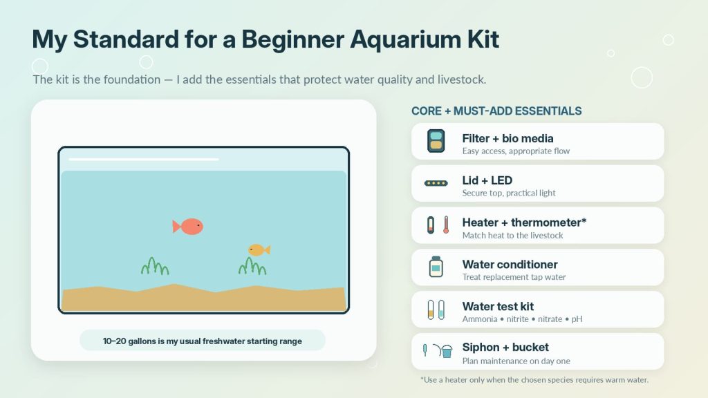 A beginner aquarist kit containing a fish tank with filtration, heating, lighting, testing, and maintenance equipment.