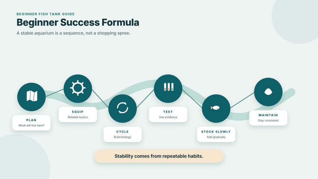 Steps to proper aquarium management formula showing distance planning, equipment selection, running the cycles, testing the water, active stocking, and sustaining it.