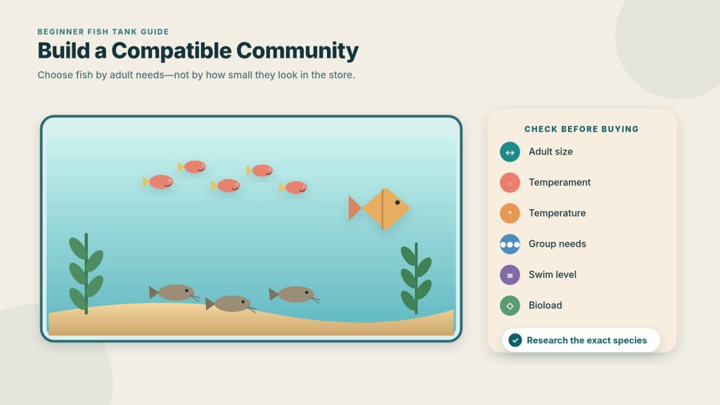Guide on community aquarium fish compatibility with adult size, character, temperature requirements, social habits, and swimming capabilities.