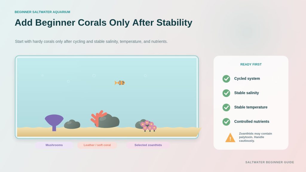 Easy reef aquarium with the addition of different corals like mushrooms, zoanthids, leather coral, etc. after stabilization of the tank is accomplished.