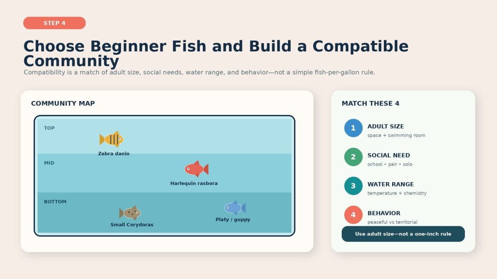Image showing compatibility chart for beginner aquarium fish involving aspects of peaceful community fish, adult size, needed groups, swimming space, and tank mates.