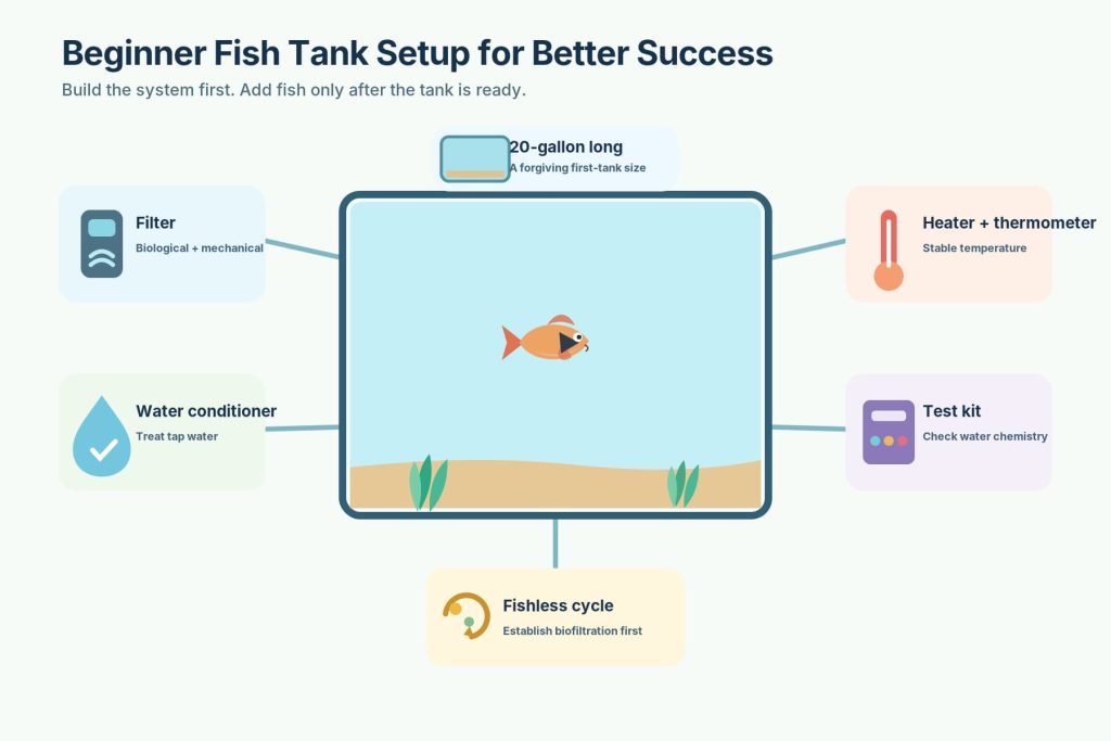Infographic that describes all important steps for setting up a fish tank.