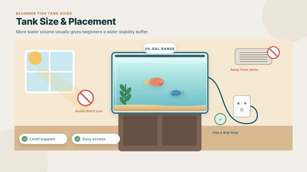 Image on size and positioning of the beginner fish tank in terms of the right location, level of support, light, vents, and electric usage.