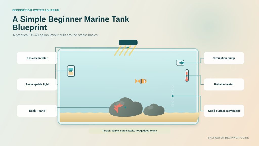 Image on how different parts of the aquarium, like the filter, heater, and live rock, work together