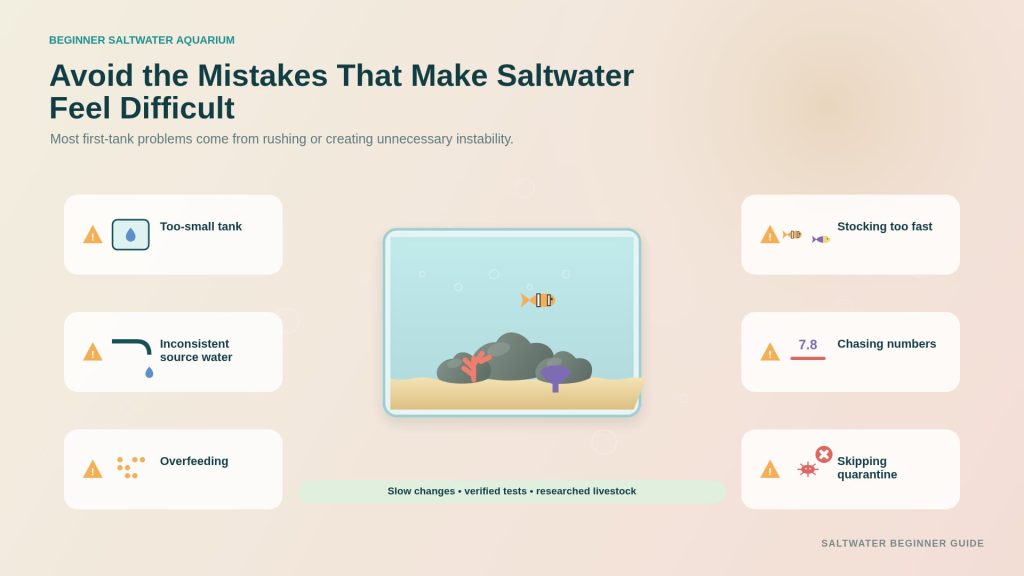 Amateur mistakes made by novice saltwater aquarists, like either overfeeding the tank or not adding enough saltwater to the water.