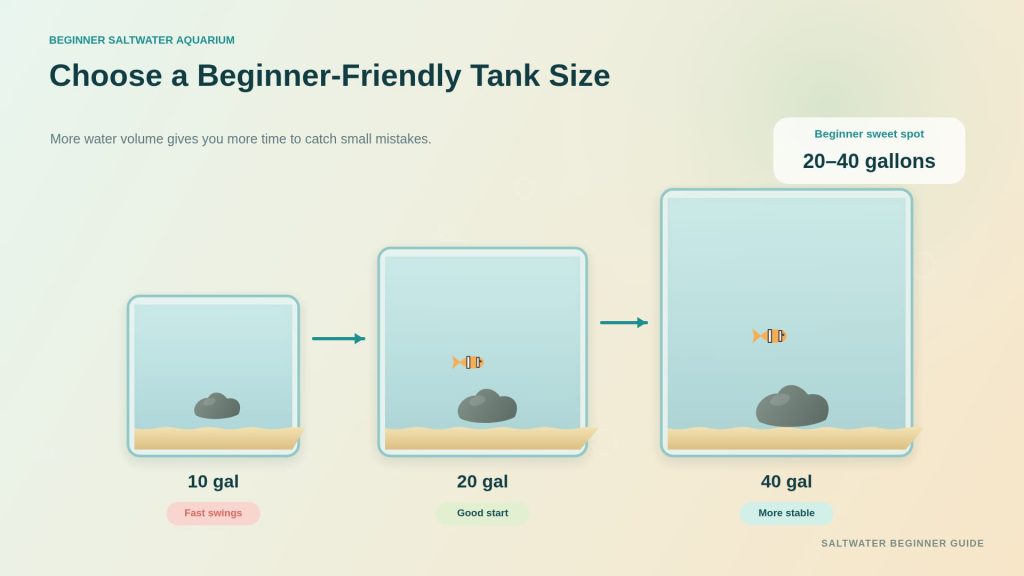 Saltwater aquarium size comparison offers the tank volumes conducive for beginners and their stabilization.