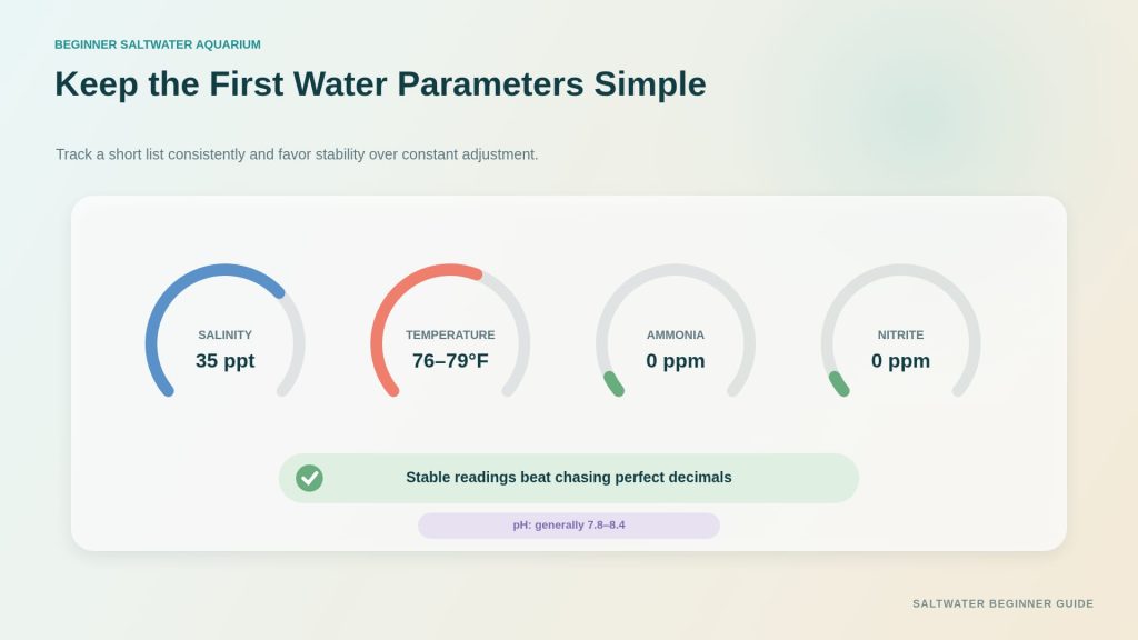 Guide for beginners on saltwater aquarium water parameters regarding salinity, temp, ammonia, nitrate, nitrite, pH, and alkalinity.