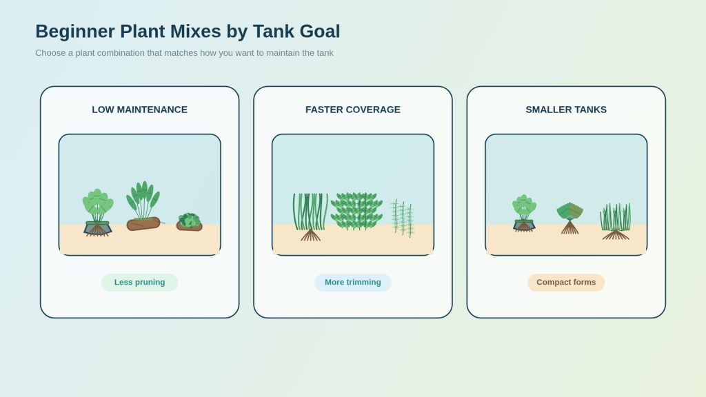 Three layouts of aquarium planting styles that give advice on the plants based on maintenance, growth speed, and size of the aquarium.
