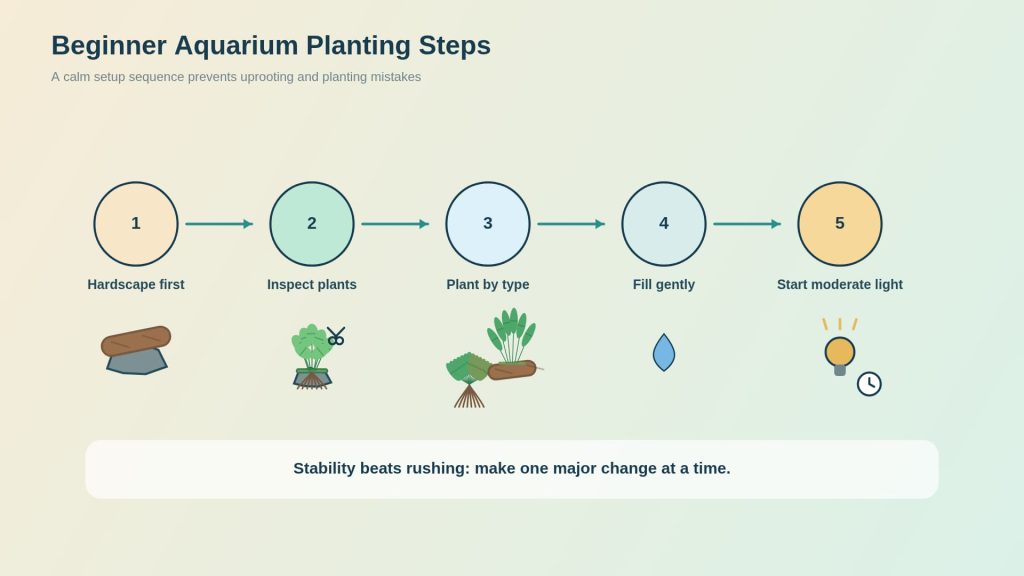 Beginner aquarium planting procedure in five simple steps: hardscape design, plant preparation, planting, filling, and light arrangement.