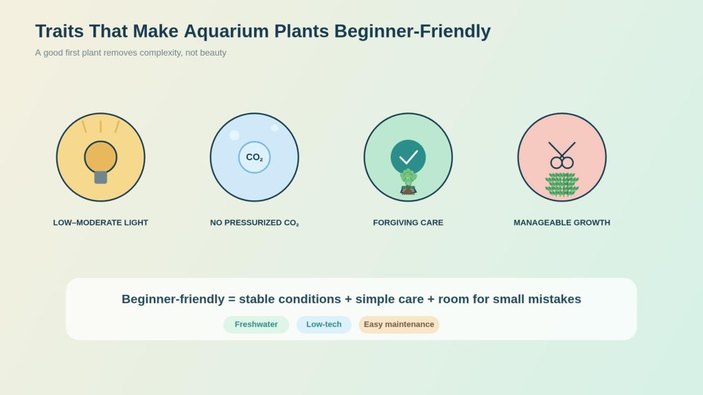 Infographic illustrating basic requirements and characteristics allowing beginners to easily care for these aquatic plants.