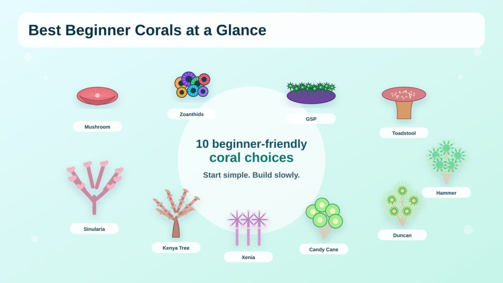 Infographic presenting 10 coral species destined for aquarium novices.
