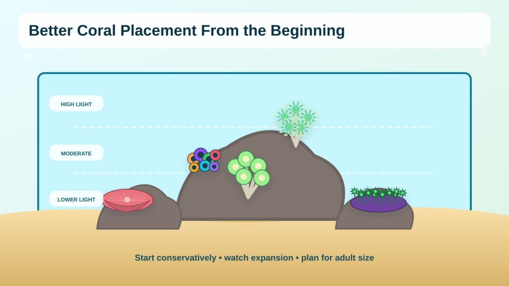The coral placement infographic demonstrates low, medium, and high light zones for the corals and indicates space for corals to grow and develop.