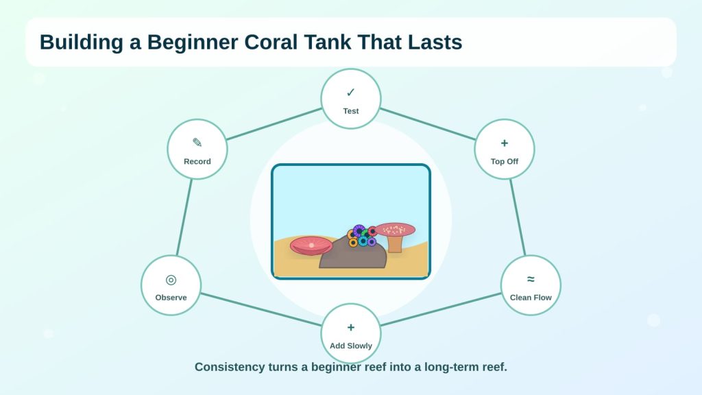The image about the beginner maintenance cycle consisting of testing, filling up, cleaning the flow, adding slowly, watching, and recording.