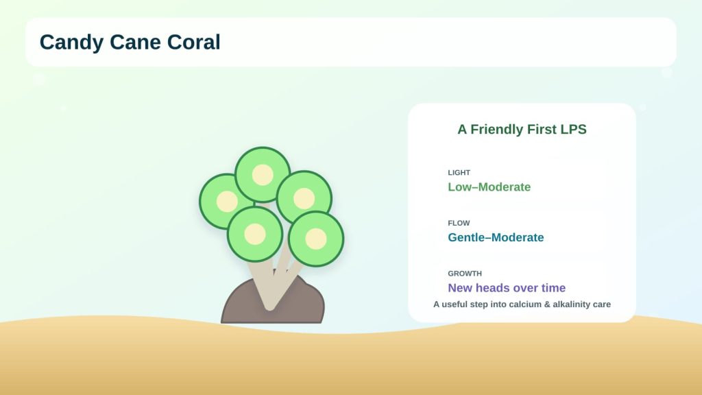 The beginner LPS coral guide for candy cane corals focusing on low to medium light, easy flow, and new head growth.