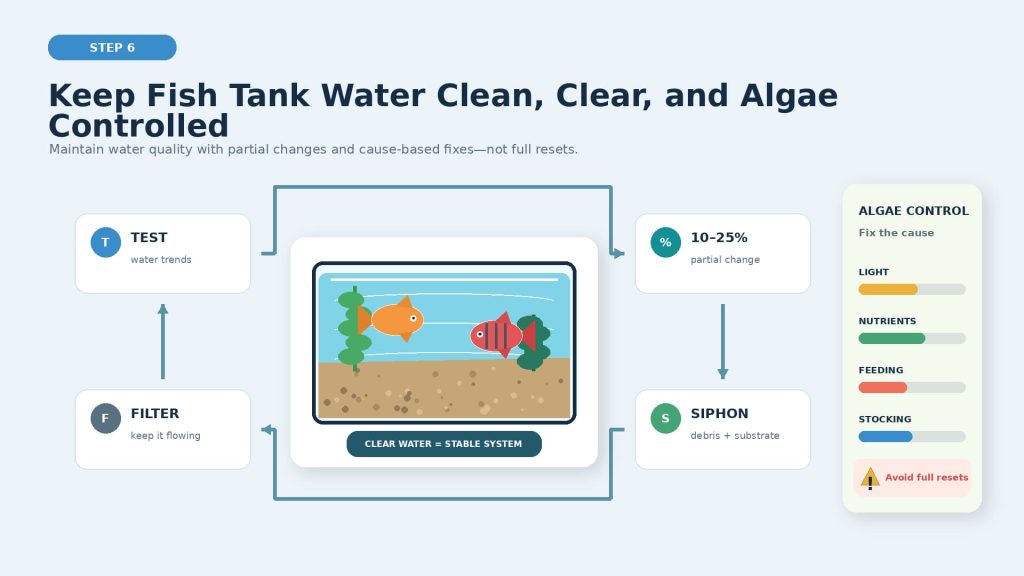 Image about the aquarium cleaning process, including water change, vacuuming, filtration, algae management, water quality testing, etc.