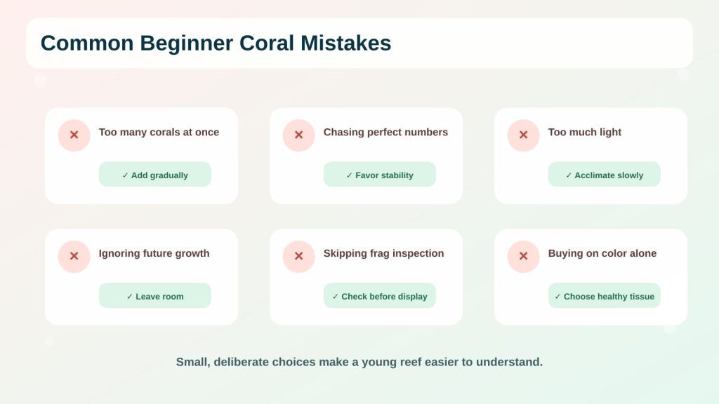 Image featuring probable coral mistakes regarding beginner's aquarium setup, like overstocking, light overload, incorrect placement, and missed checking.