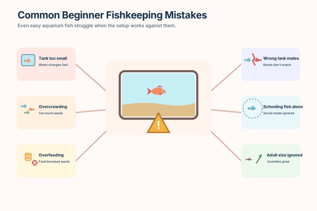 An infographic presenting the key mistakes novices usually make while taking care of fish, including overcrowding, overfeeding, lack of good cycling, small aquariums, and incompatibility.