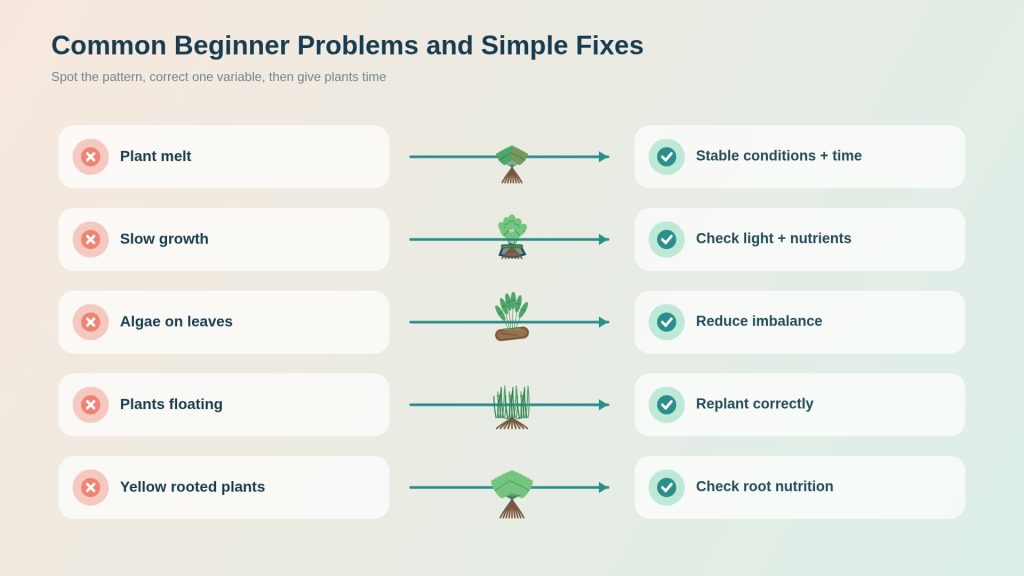A troubleshooter for beginner aquarium plants affected by melting, slow growth, algae, floating plants, and discolored leaves