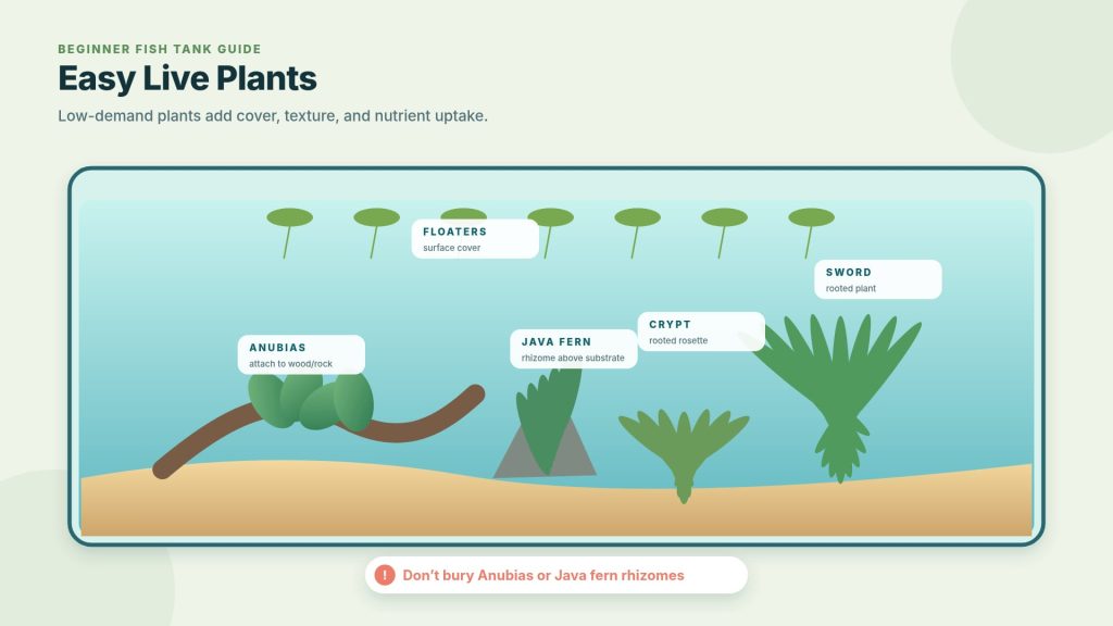 Simple aquarium beginners can plant with easy-growing plants such as Anubias, Java fern, Cryptocoryne, and Vallisneria, as well as floating vegetation.