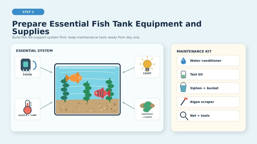 Basic aquarium equipment comprising filter, heater, thermometer, lighting, water testing kit, siphon, substrate, plants, and water conditioner