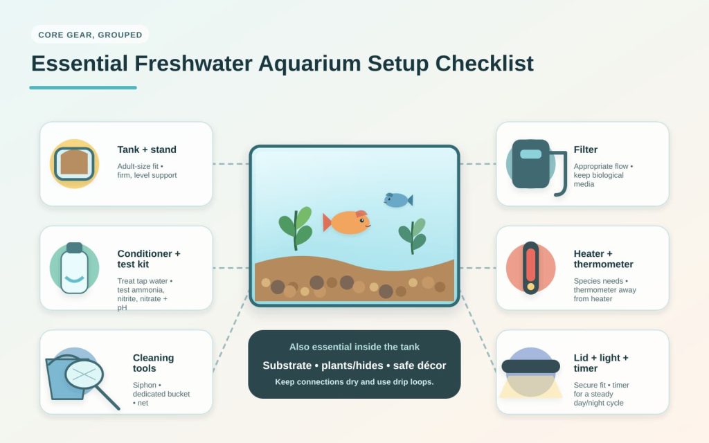 Freshwater fish aquarist's setup checklist containing information on the tank, aquarium stand, filter, heater, thermometer, conditioner, kit, light, cover, and cleaning supplies.