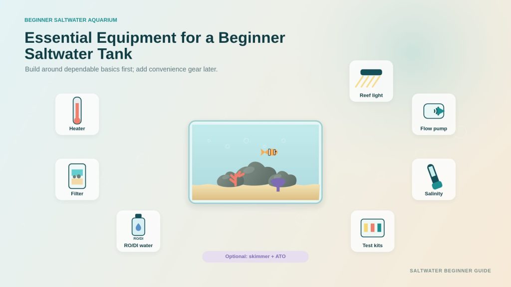 Beginner saltwater aquarium equipment consists of all appropriate devices and tools, including heater, filter, powerhead, lighting, refractometer, and test sets.