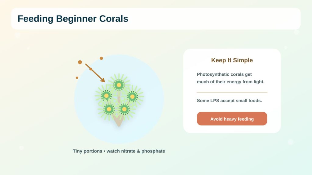 Beginner coral feeding guide showing small portions of food and photosynthetic energy. 