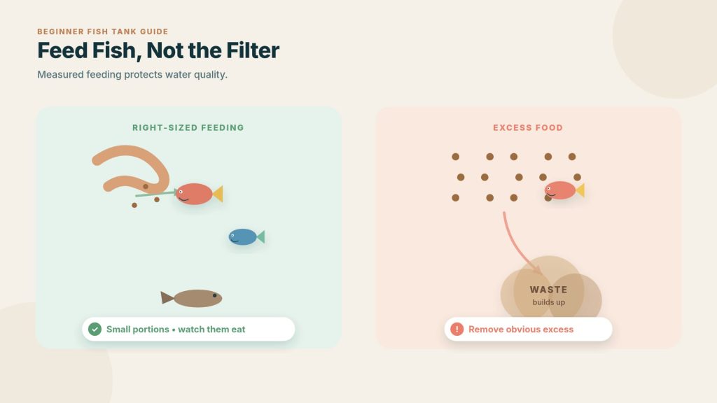 Comparison example between novice fish feeding best practices and excess feeding practices causing aquarium waste.