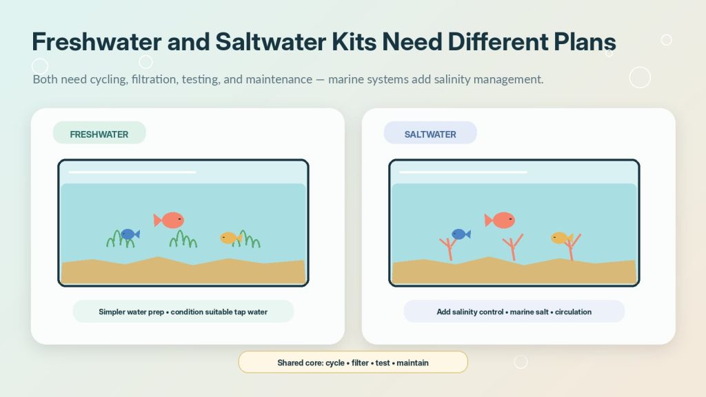 A comparison between freshwater and saltwater aquarium kits has their equipment, water preparation, salinity control, testing procedures, and level of difficulty for a novice