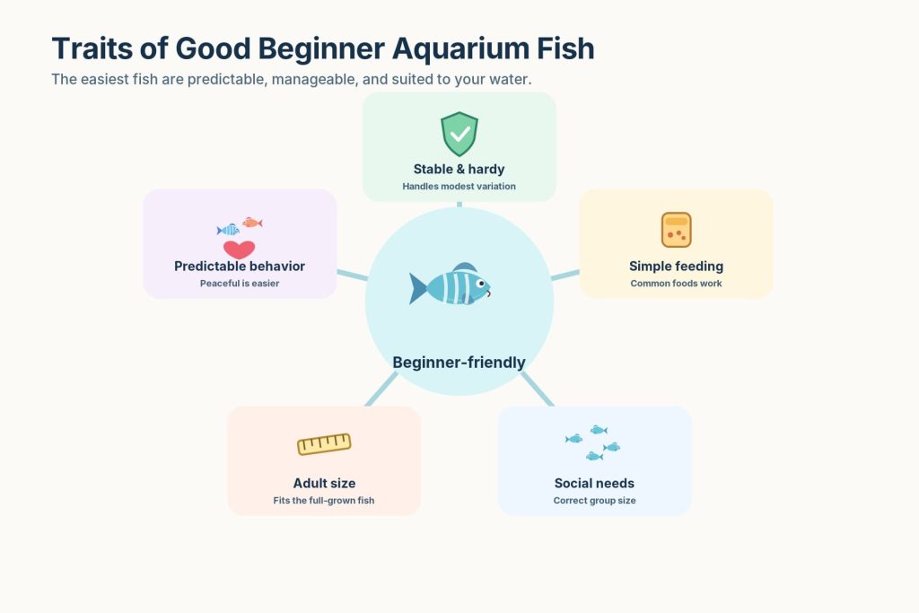 Infographic providing the information on the main features of good aquarium fish for beginners.