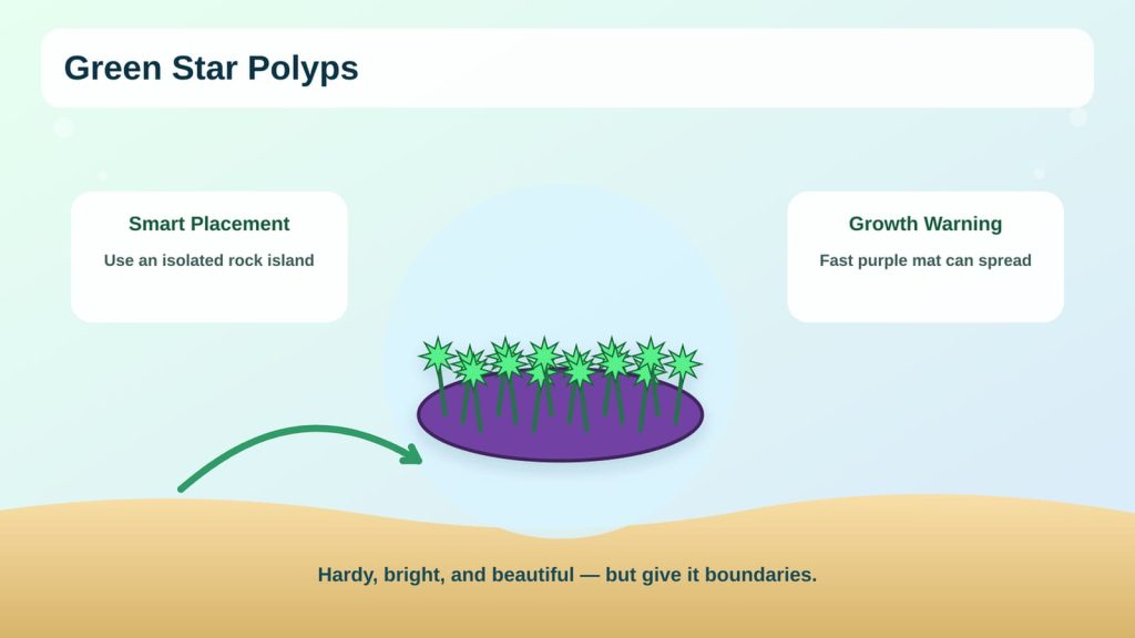 Green star polyps beginner guide displaying independent rock placement and fast growth.