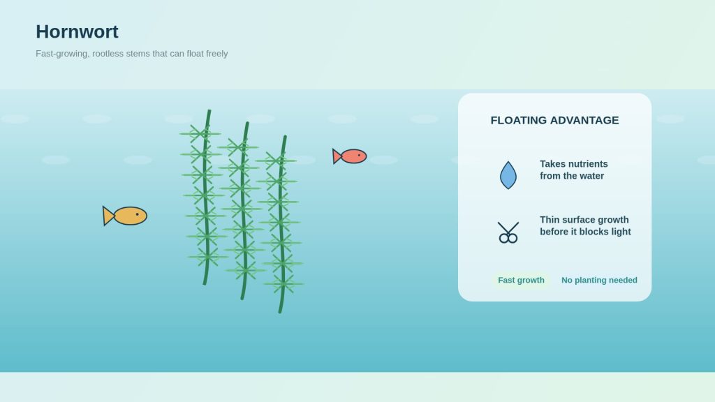 Hornwort stems are floating under the water with fish, and infographics are indicating fast growth and nutrient absorption.