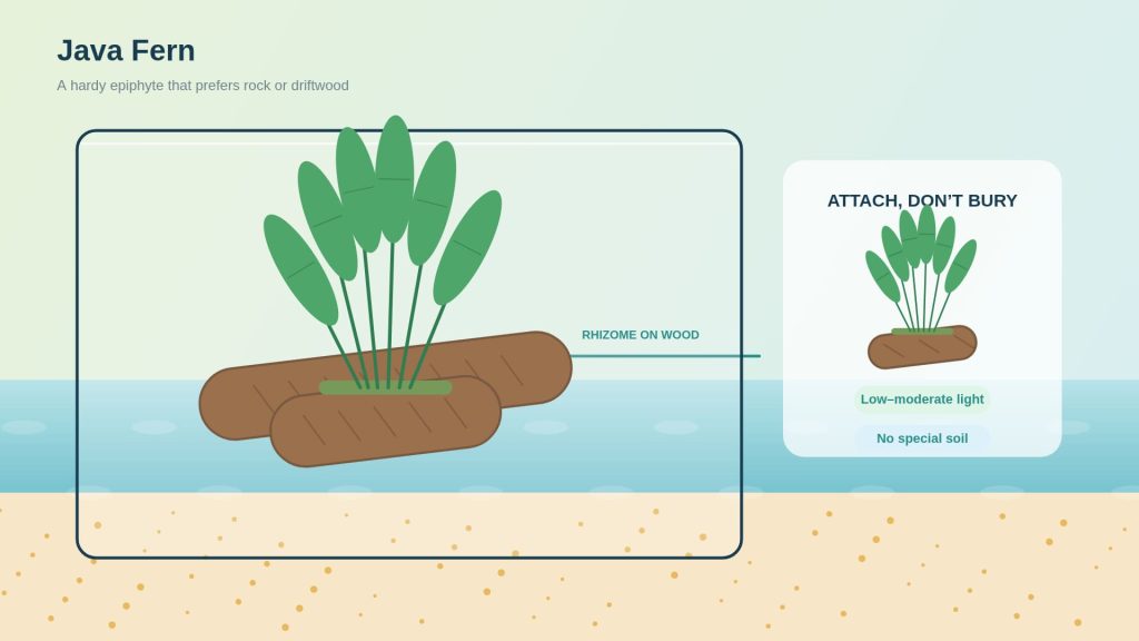 Java fern pictured attached to the driftwood, showing proper use of this plant.