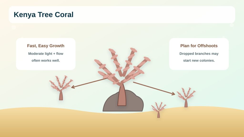 Kenya tree coral beginner’s guide addressing the fast growth of the species and shedding.