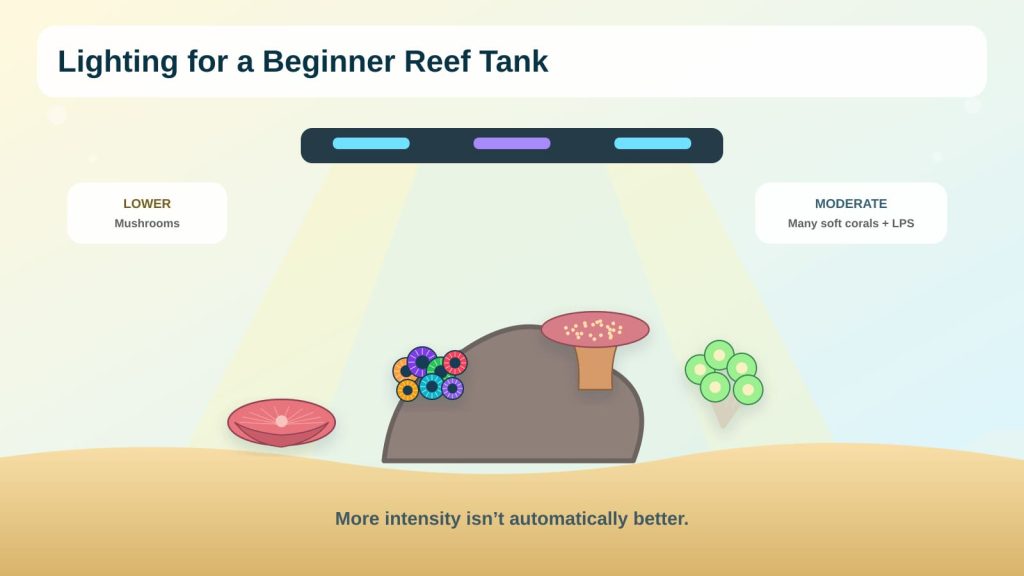 The beginner’s guide to lighting in the reef tank is an infographic presenting moderate light zones for uncomplicated corals.