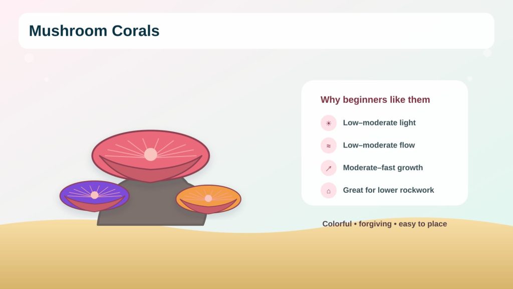 Beginner guide to mushroom coral exhibiting low to moderate light, slow flow, and reef tank placement.