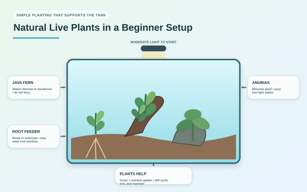 Simple planted aquarium for beginners that makes use of easy live plants, including Java fern and Anubias.