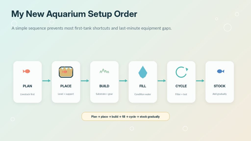 Beginner's aquarium setup process broken into separate stages, including choosing fish and equipment, cycling the aquarium, testing water, and introducing fish gradually