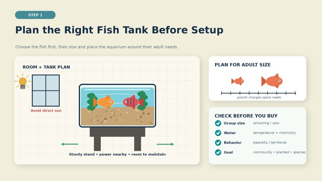 Beginner fish tank planning infographic depicting aquarium size, viable location, fish necessities, swimming space, and aquarium type